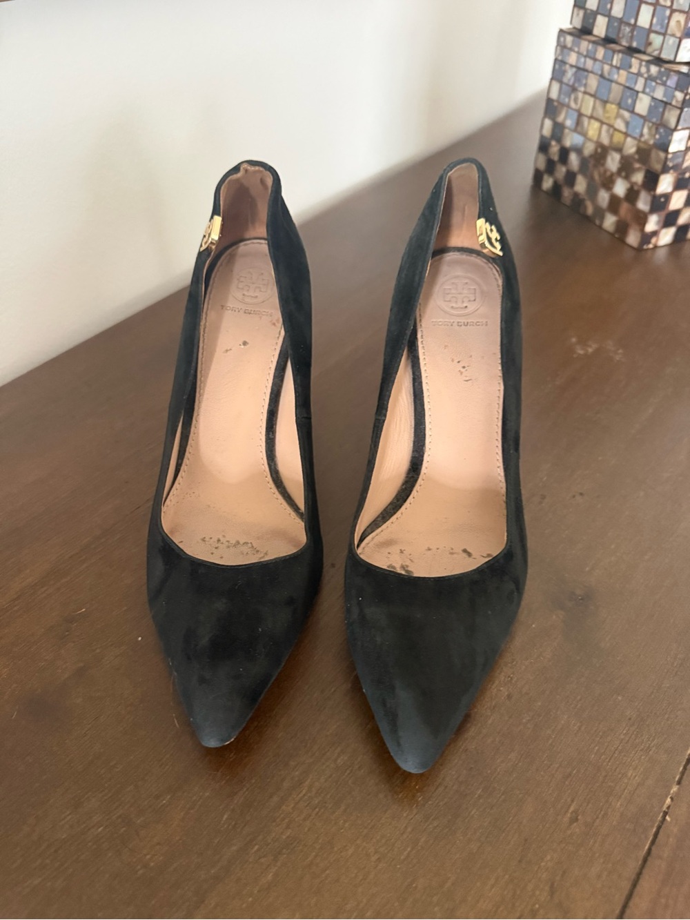 Tory Burch Black Suede Pointed Toe Heel Pumps with Gold Logo